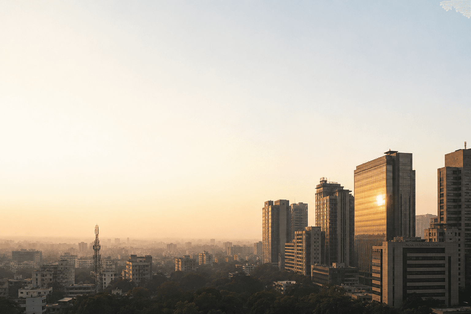 Indian city skyline emerging from morning haze at sunrise