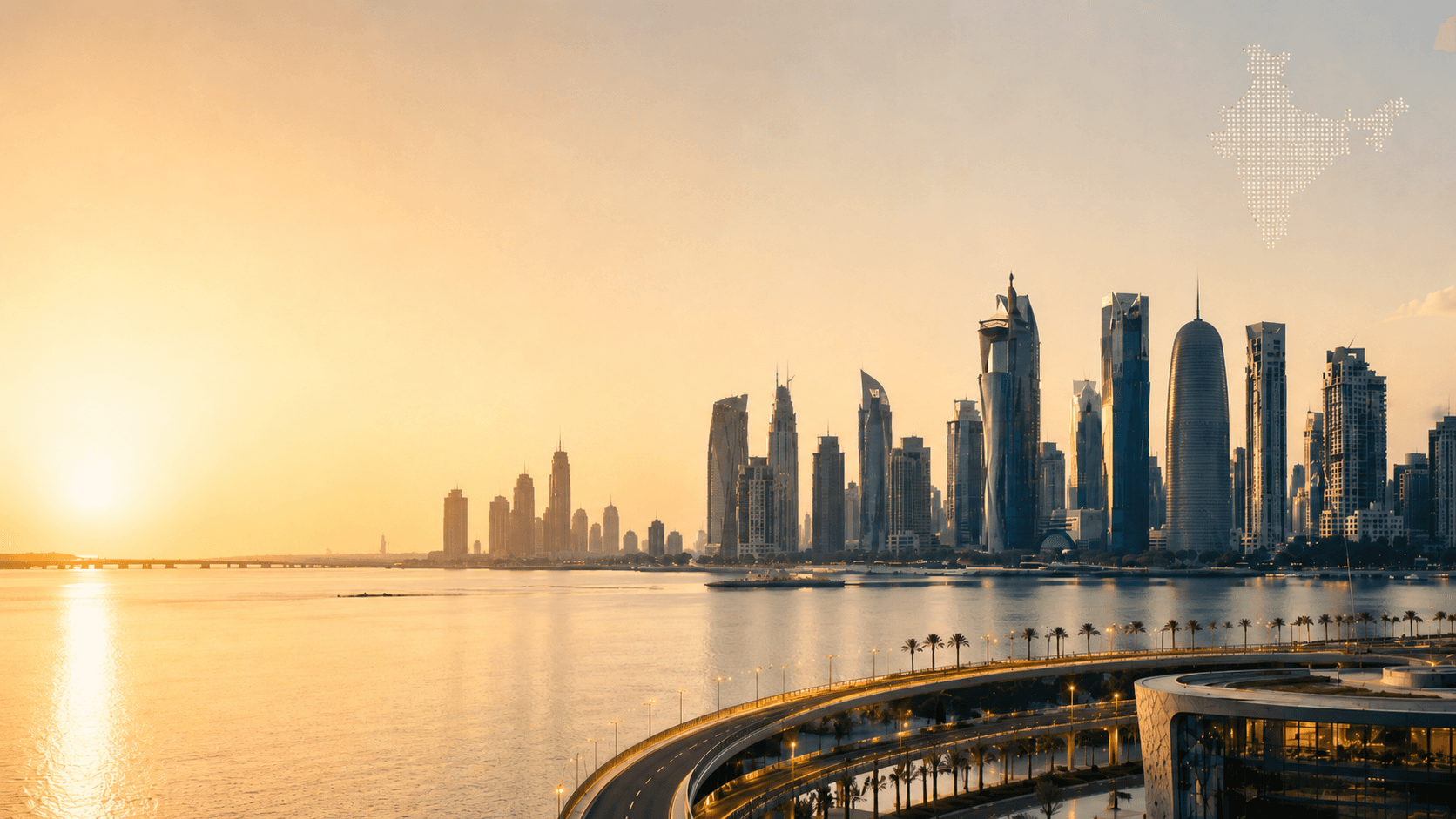 Waterfront city skyline at golden hour beneath a dotted map of India