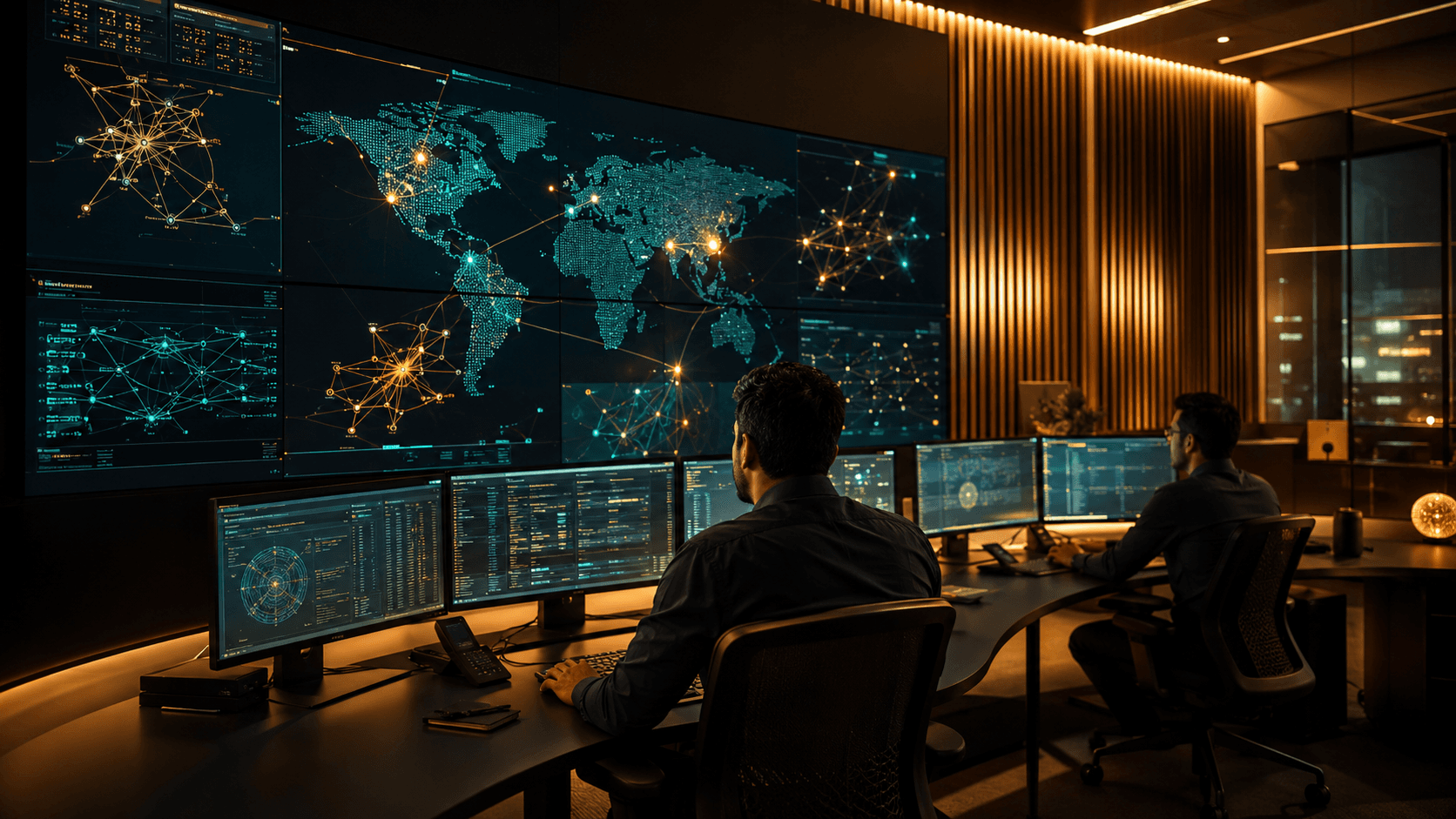 Security operations center - analysts monitoring live threat visualizations