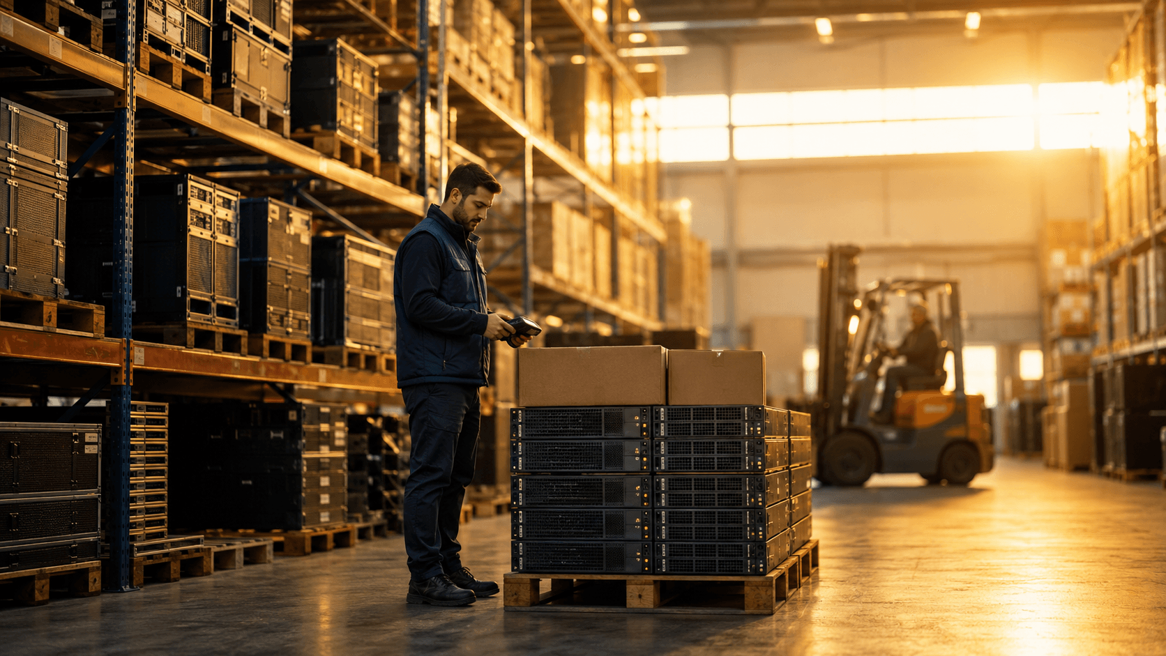 IT asset logistics warehouse - staged hardware ready for project deployment