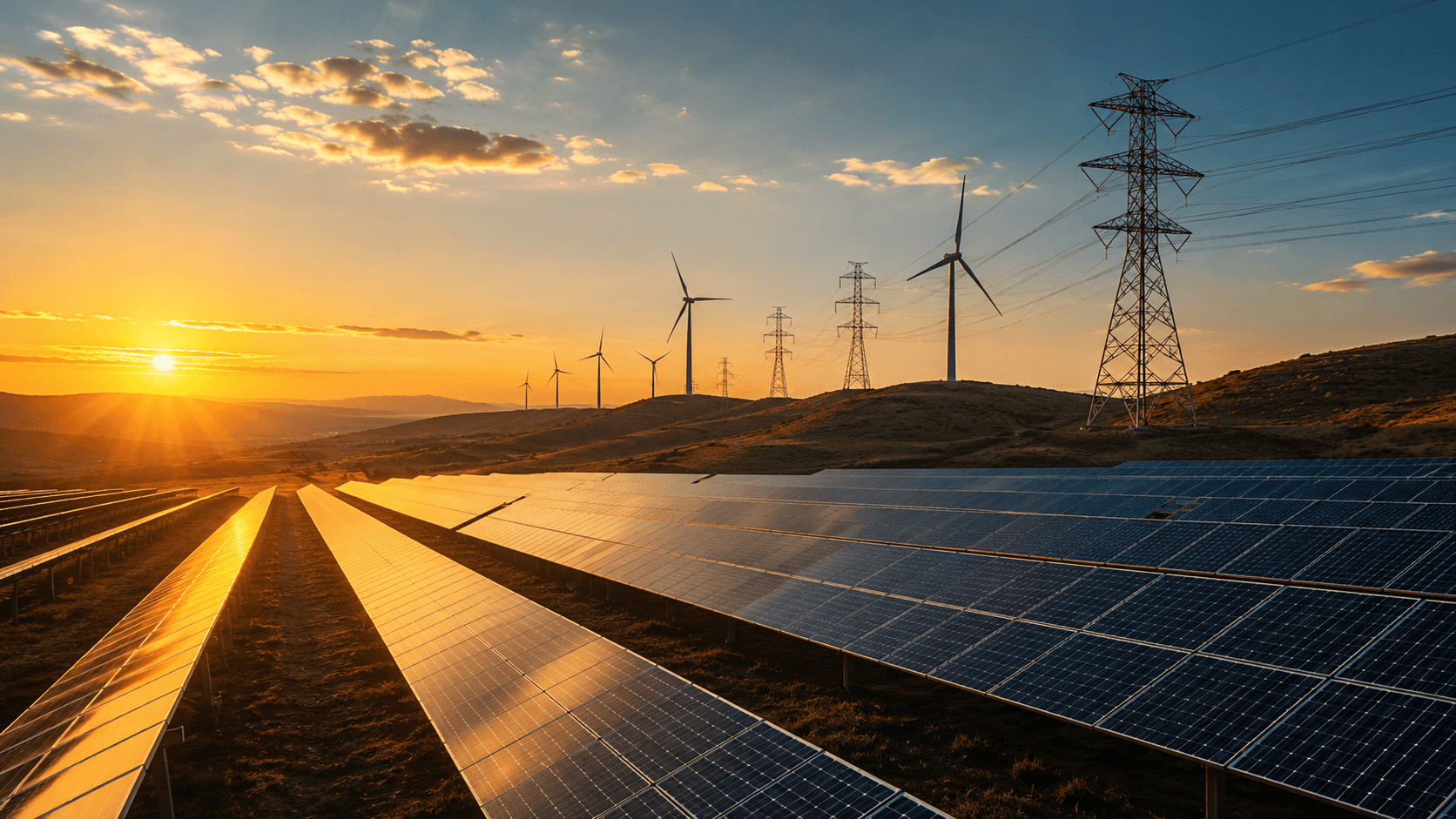 Solar farm, wind turbines and grid lines at golden hour - the discipline ISIT brings to India's energy sector