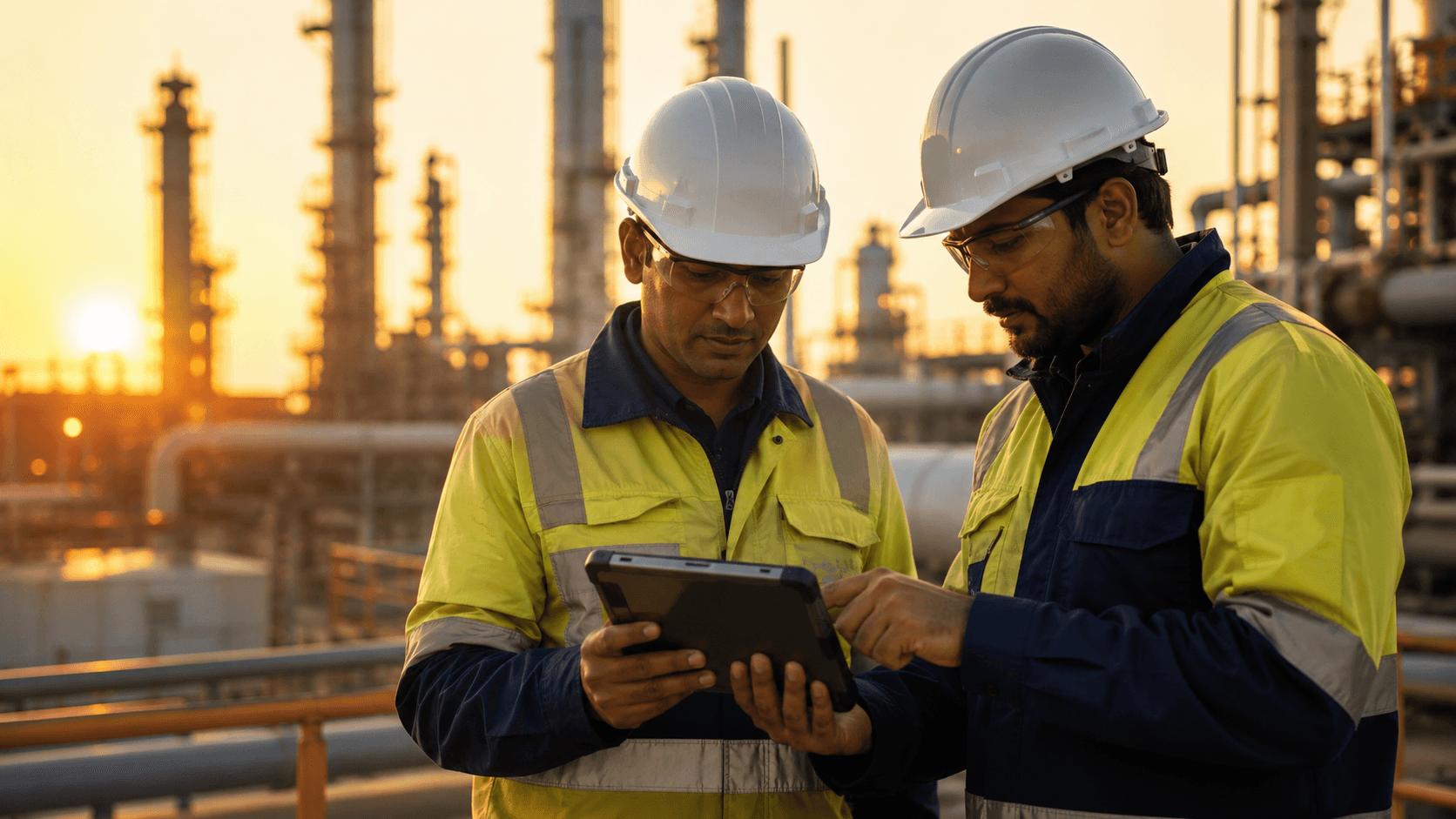 Field engineers reviewing plant data on a tablet - sector-fluent delivery for critical assets
