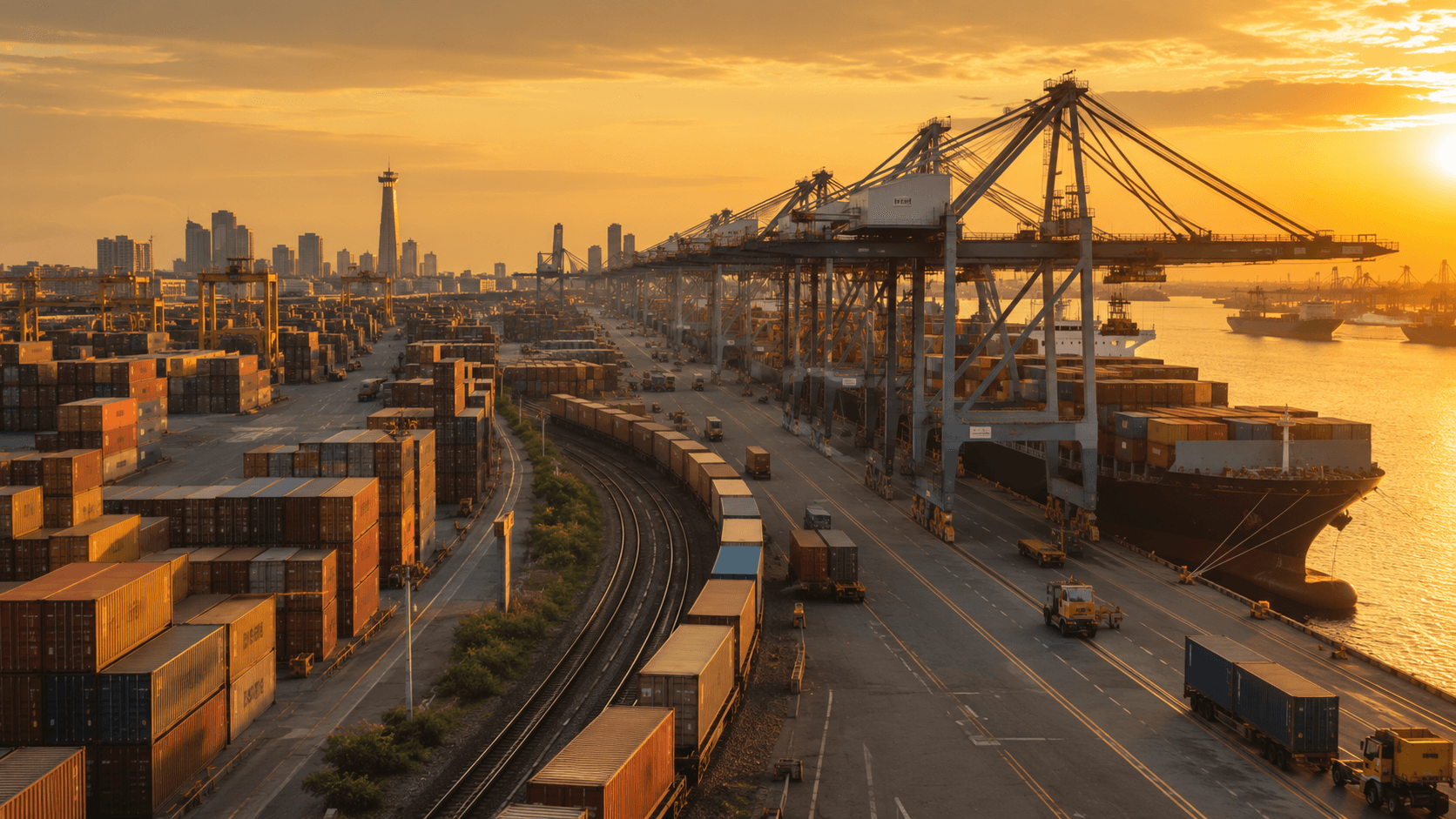 Container port and freight rail at golden hour - coordinated logistics corridors